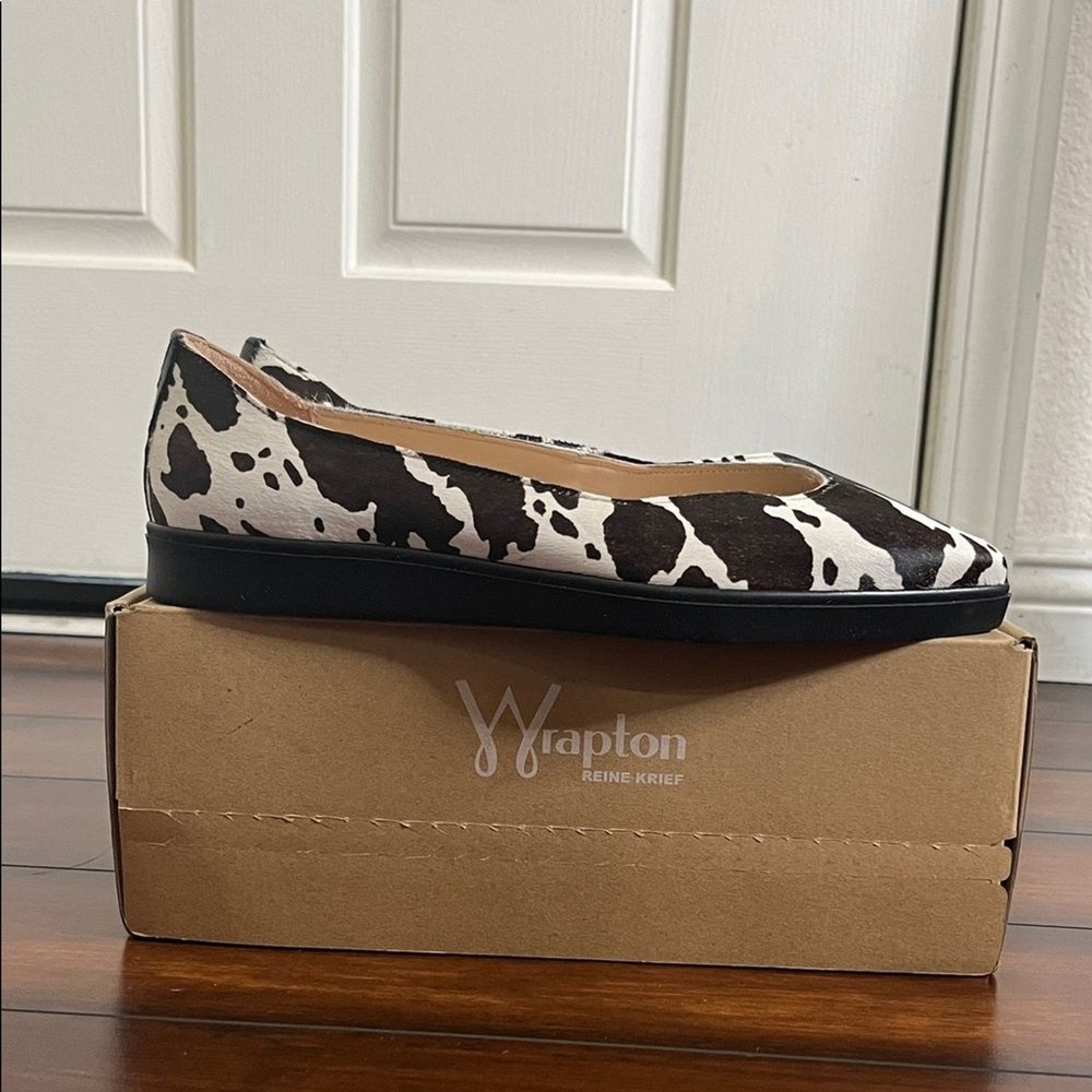 NIB Wrapton On Point Palomino Leather Flats 39.5 Brown White Cow Print Calf Hair